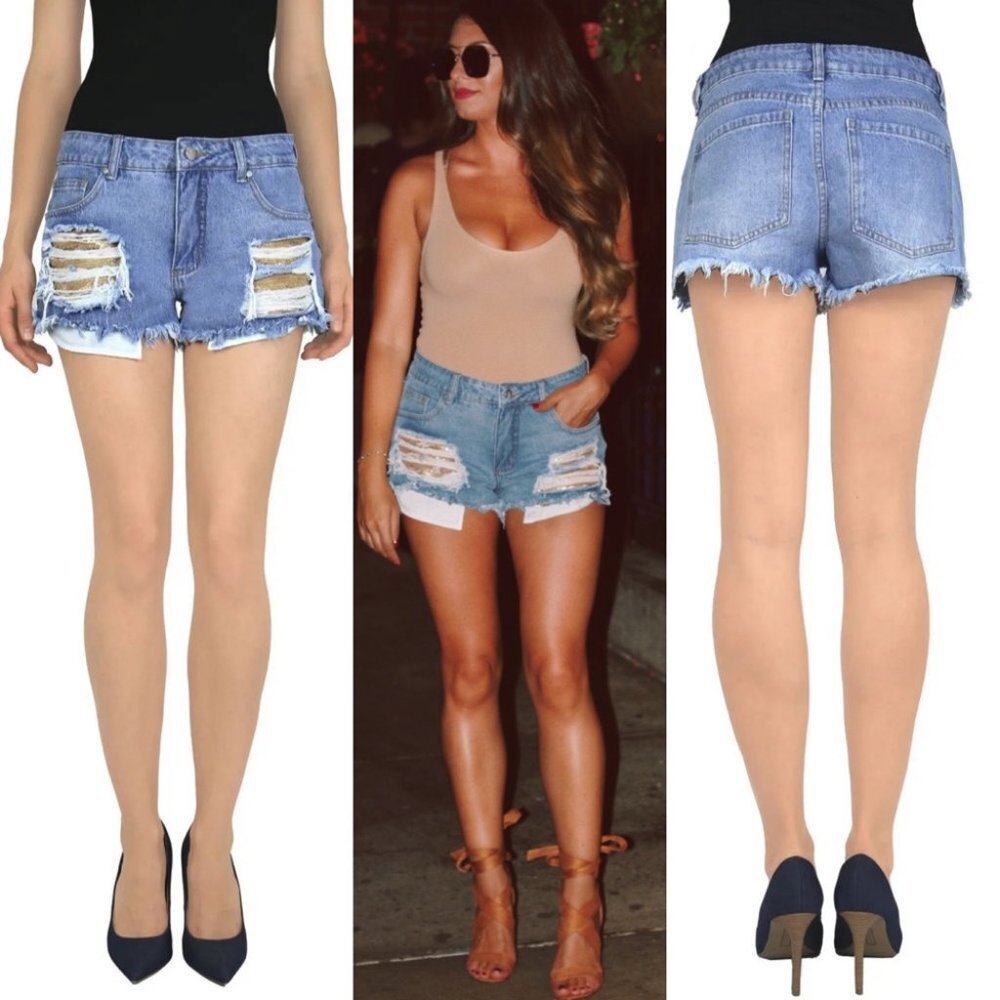 Tractr Blue Destructed Denim Shorts Gold Sequin Pockets Size 25‎ Bohemian Boho